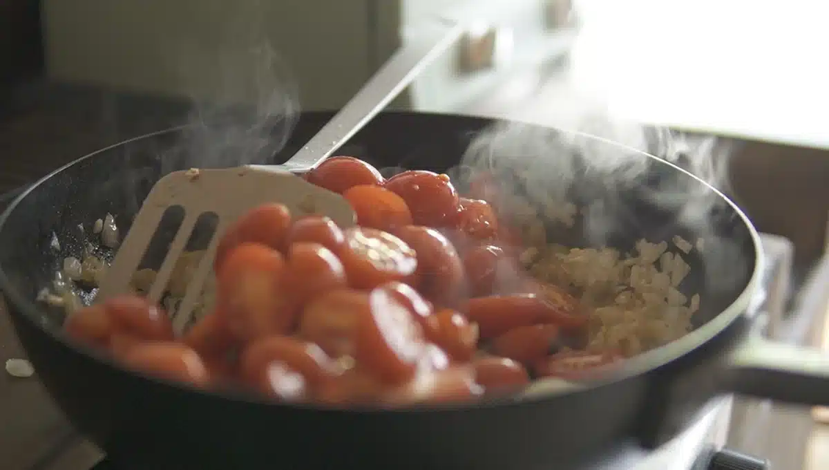 フライパンで玉ねぎ、プチトマトを炒めている